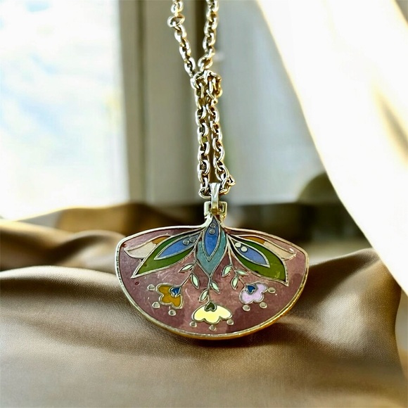 Vintage Cloisonné Floral Fan Necklace - Picture 3 of 4